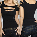 womens tops fashion 2015 Ladies Womans Sexy Ripped Slashed Black Tight T Shirt Top Clubwear Cut
