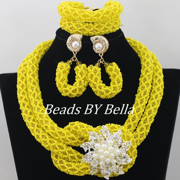 2015 Yellow Beads Bridal Jewelry Sets Nigerian Wedding African Beads Jewelry Set Crystal Women Party Beads Free Shipping ABF157