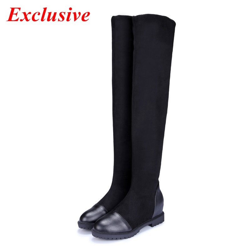 Slip-On Long Boots Winter Short Plush Square Heel Knee-high Nubuck Leather Woman Shoe Low-heeled Plus Size Slip-On Long Boots