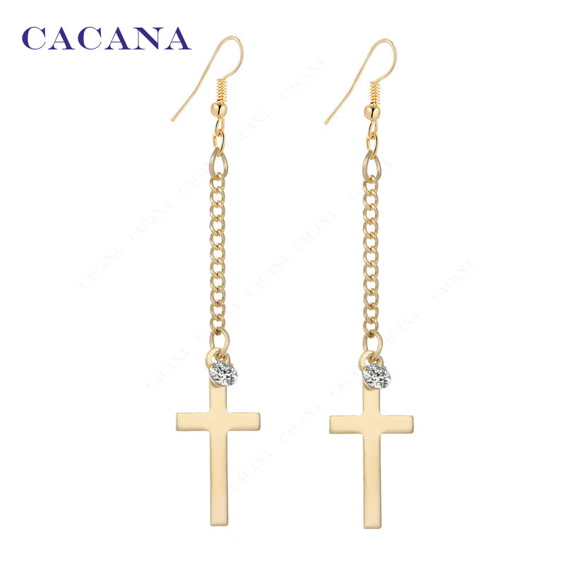 Image of 2016 new CACANA gold plated dangle long earrings for women top quality cross with a CZ diamond bijouterie hot sale No.A199 A200