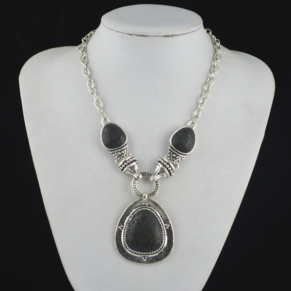 N1SD2 Natural Oval LAVA Stone Necklace Pendant Jewlery Women Vintage Look Tibet Alloy wholesaler Price
