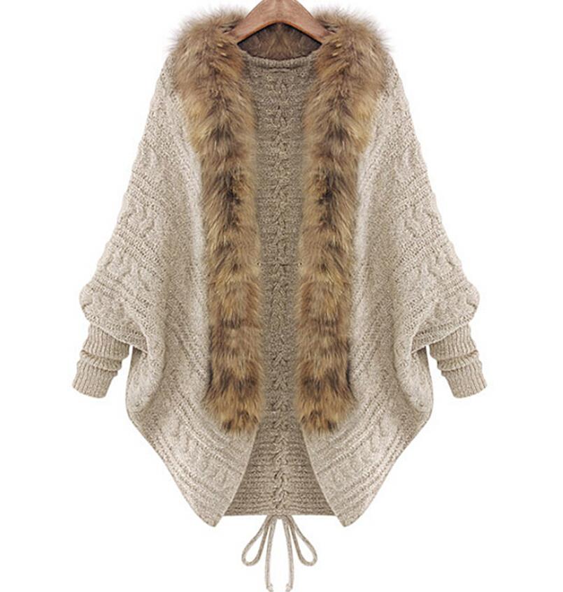 Faux rabbit fur collar cape paragraph sweater coat...