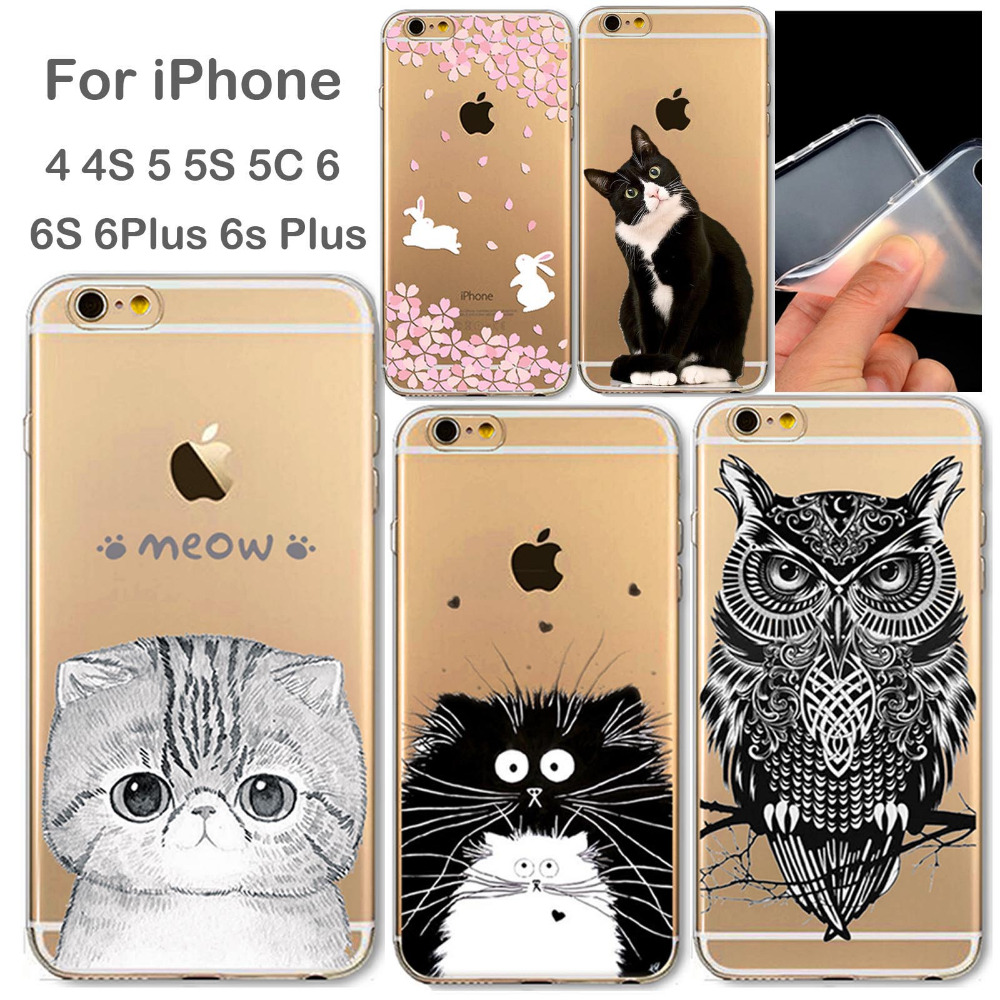 Phone Bags Case Cover for iPhone 4 4S 5 5S 5C 6 6S 6Plus 6s Plus Thin Transparent Soft Cat Owl Eagle