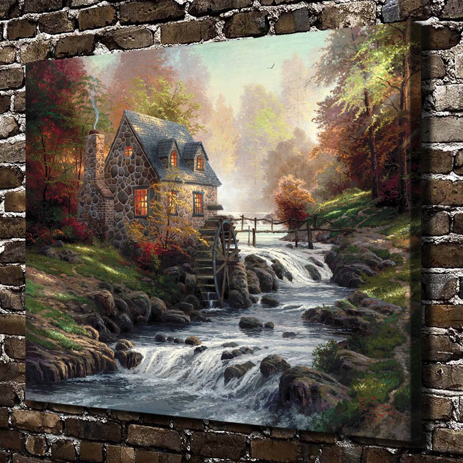 H1261 Thomas Kinkade Cobblestone Mill Scenery ,HD Canvas Print Home decoration Living Room Bedroom Wall pictures Art painting