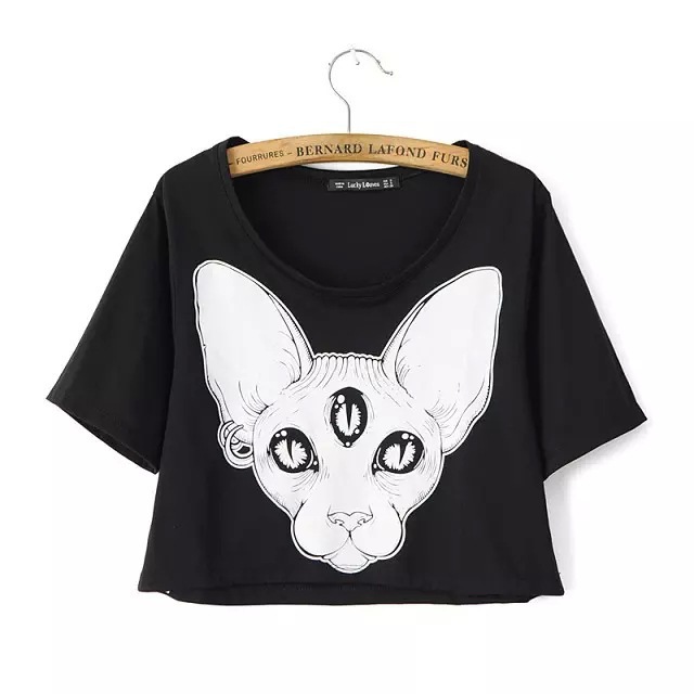 Image of Harajuku summer new arrival women tops punk sphynx cat printed tees canadian hairless cat element printed crop tops