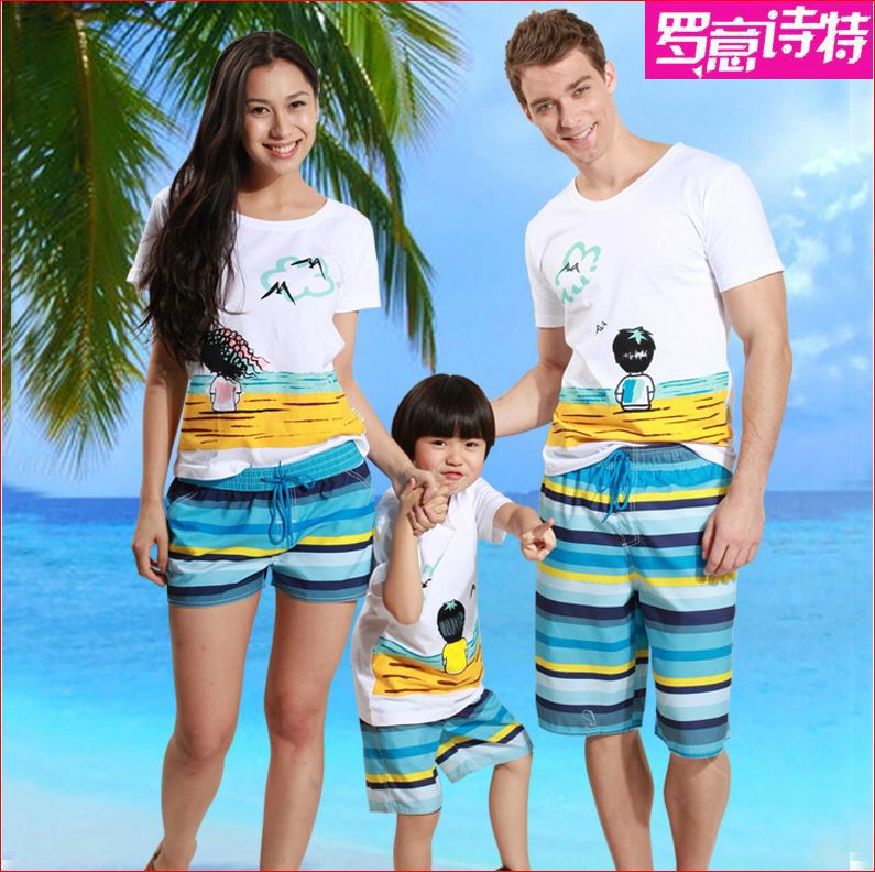 2015 summer new family fashion beach suit cotton stripe print t shirts+shorts clothing sets for mother daughter father son