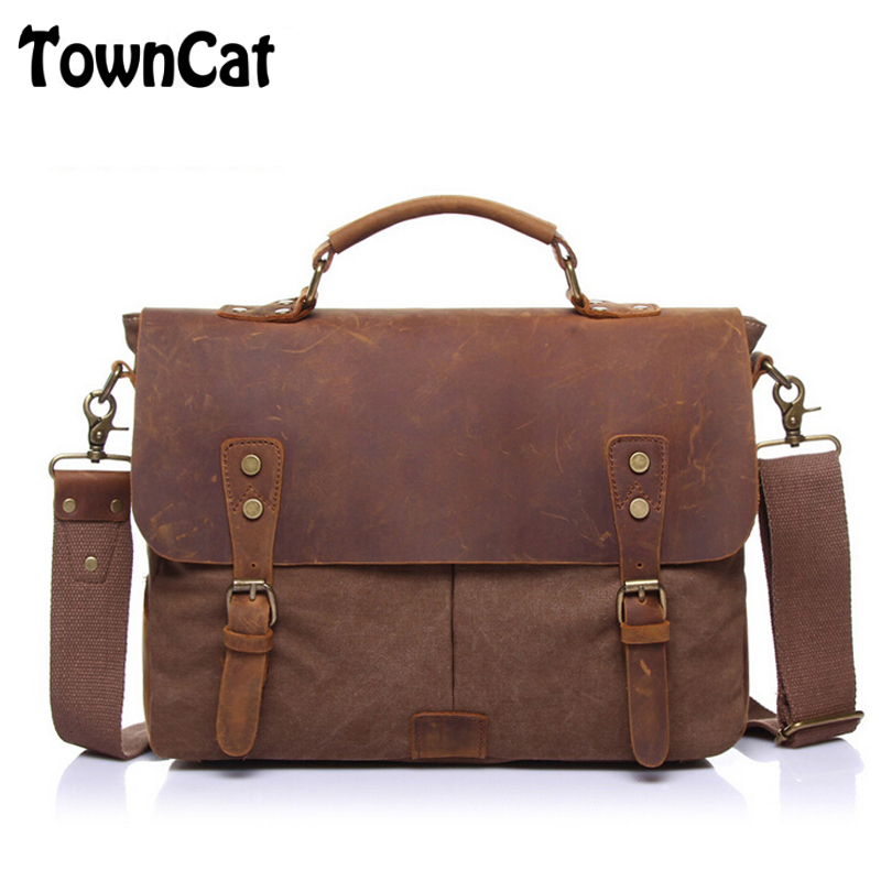 Vintage Canvas Leather Mens Messenger Bags Ipad Laptop Briefcase Shoulder Bag,Coffee,Fit 14 ...