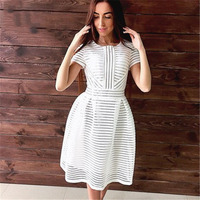 Elina 2015 Fashion Brand Striped hollow out short robe vestido de renda summer party dresses white vetement femme s m l xl