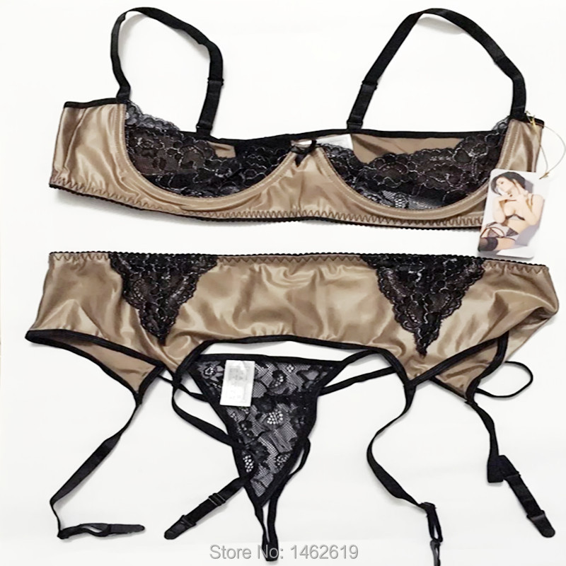 Free Shipping Plus Size Khaki Color Sexy Three Point Lingerie Open Bust