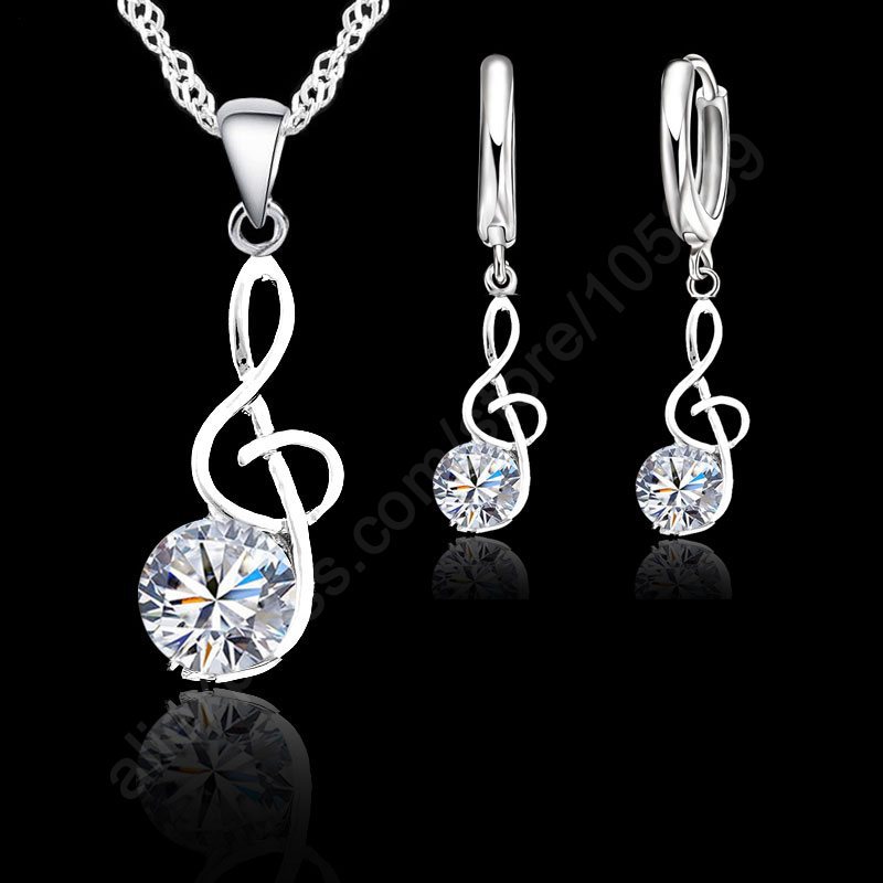 Image of Musical Notes Jewelry Sets Real 925 Sterling Silver Cubic Zirconia Symbols Shape Pendant Necklaces Earrings Sets Gift