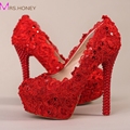 2016 Red Bridal High Heel Flower Lace Wedding Shoes Prom Shoe Bridesmaid Evening Party Spike Red