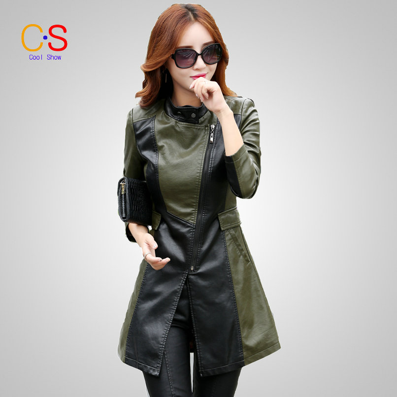 Fashion Women Patchwork Leather font b Jacket b font Mid length Lady Faux Leather font b
