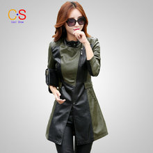 Fashion Women Patchwork Leather Jacket Mid-length Lady Faux Leather Coat WithStand Collar Autumn Winter Outerwears KL6608