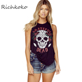 Richkoko Apparel Punk Rock T Shirt Women Casual Skull And Rose Printed Sleeveless Tops Tees Loose