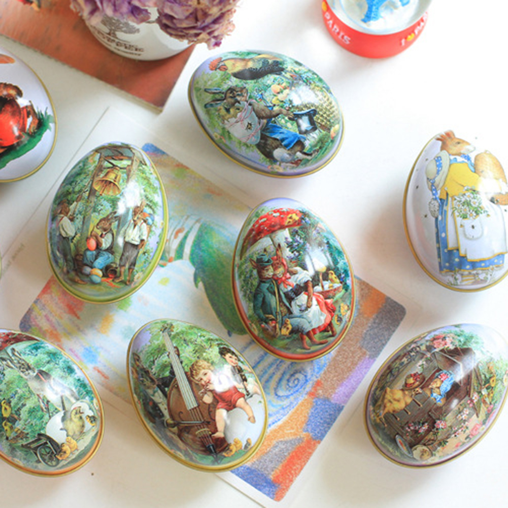 Image of Easter Egg Painted Eggshel Tin Boxes Pills Case Wedding Candy Can Jewelry Party Accessory Iron Trinket Gift
