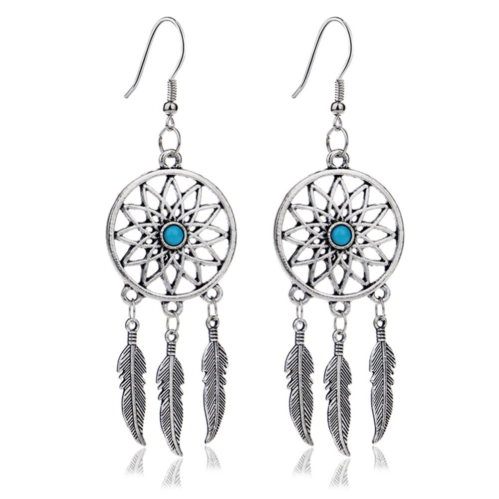 Image of 1 Pair Hot Selling Dream Catcher Ear Drop Turquoise Feathers Dangle Earrings Women Charming Jewelry Gifts EAR-0780