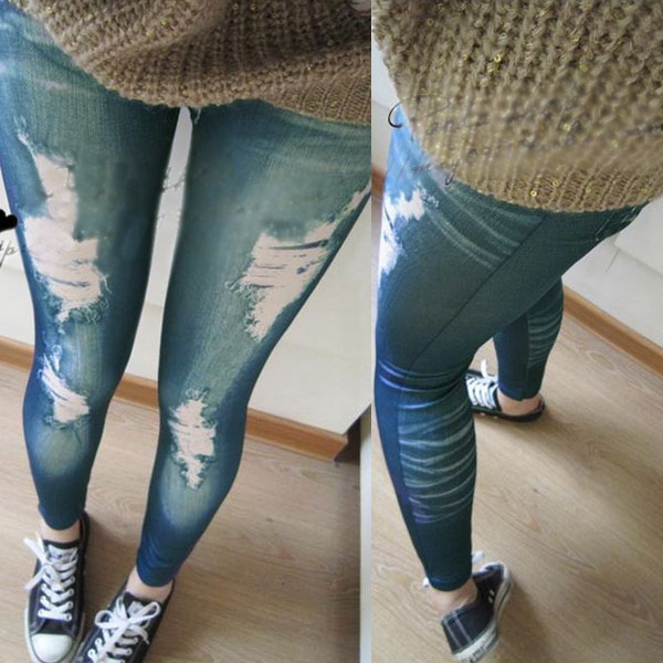 Image of Free Shipping New NWT sexy Womens Ladies Vintage Jeans Distressed Legging Fake Hole Stretchy Girl Skinny Jeggings Blue