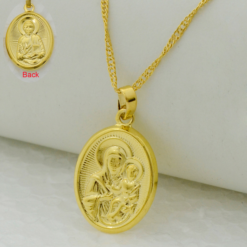 Virgin Mary/Jesus Image Pendant Necklace 22k Gold Plated Filled