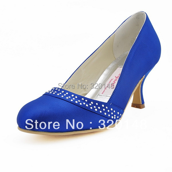 Classic Woman Shoes A0718 Royal Blue Round Toe Rhinestone 25 Spool Heels Satin Women Pumps