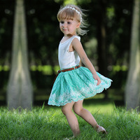 Fancy Design Girls Clothing Sets 2pcs Including White Vest And Blue Floral Skirts Retail Summer Kids Wears CS80718-1