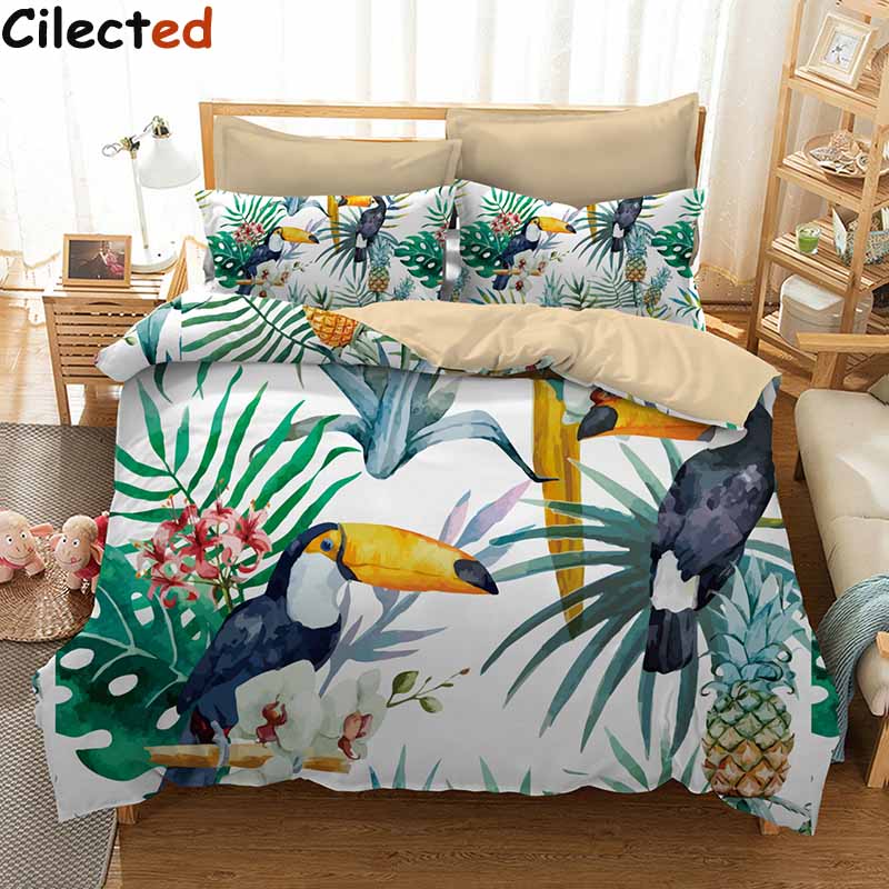 Cilected 3 Pcs Toucan And Pineapple Duvet Cover Set With Pillowcase Tropical Plant Bedding Soft Flower Quilt
