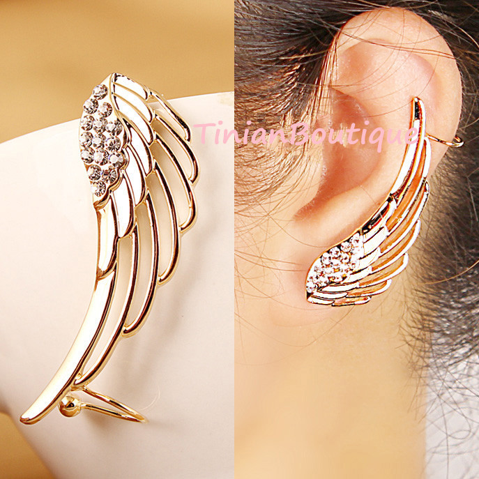 Image of Pendientes New Fashion Punk Rhinestone Clip Earrings For Women Angel Wing Gold Earring Ear Cuff Brincos Jewelry Free shipping