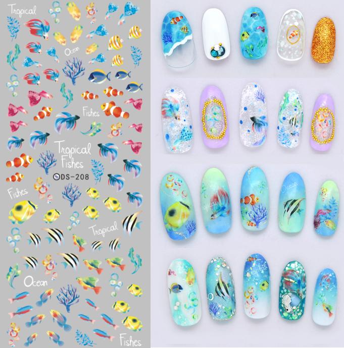 Image of DS208 DIY Nail Design Water Transfer Nails Art Sticker Color Ocean Fishes Nail Wraps Sticker Watermark Fingernails Decals