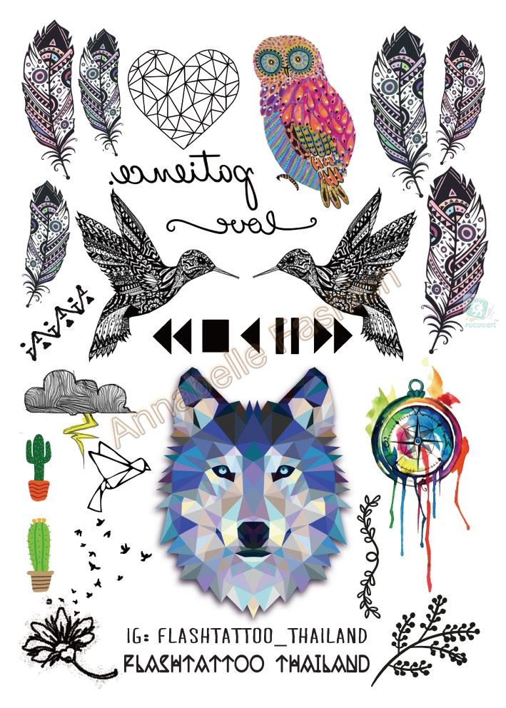 Image of A6080-208 Big Black tatuagem Taty Body Art Temporary Tattoo Stickers Gradient Colorful Wolf Owl Birds Glitter Tatoo Sticker