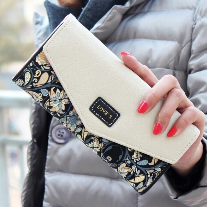 2015 New Fashion Envelope Women Wallet Hit Color 3Fold Flowers Printing 5Colors PU Leather Wallet Long