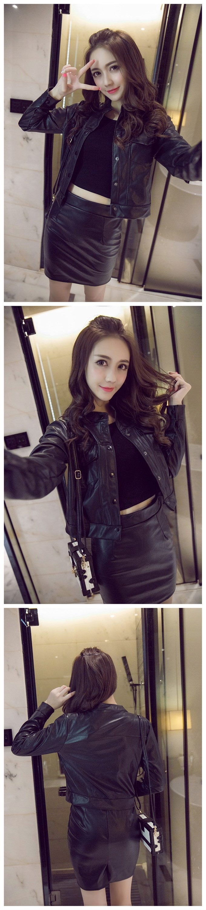 Buy Spring Autumn 2 Piece Set Women Single-breasted PU Leather Short Jacket Top And Skirt Set RM-87 cheap Spring Autumn 2 Piece Set Women Single-breasted PU Leather Short Jacket Top And Skirt Set RM-87