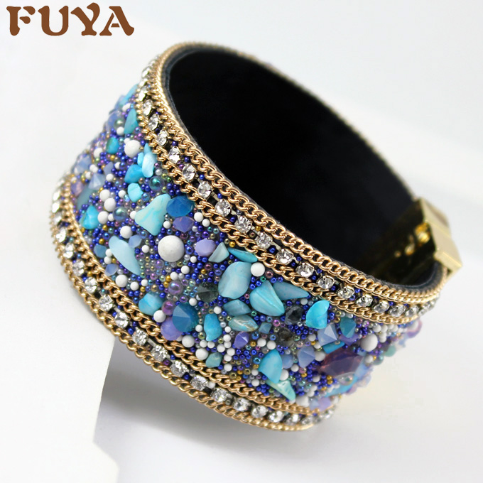 Image of FUYA New Fashion Jewelry Woman Bangle Bracelet,Magnetic clasp High-grade Leather Crystal Stones Accessories