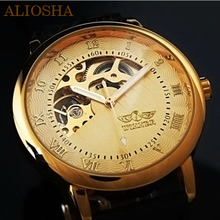 Aliosha ganador Color marrón de la marca de la mitad del esqueleto reloj 3 Color descuento del reloj de Mens reloj viento de la mano mecánica
