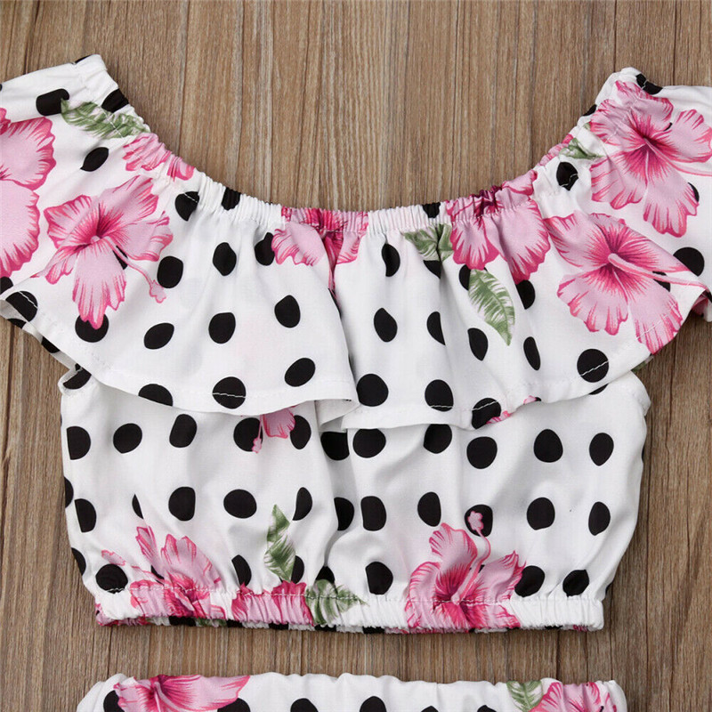 Tomfree Baby Girls Ruffle Off Shoulder Denim Crop Top Lace Bloomer Shorts 2pcs Outfit