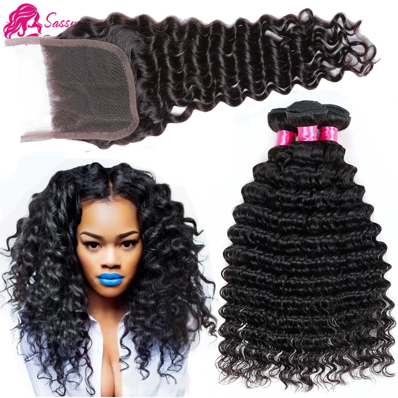 Image of 7A Peruvian Deep Wave With Closure Wet And Weave Human Hair With Closure Queen Hair Product With Closure Bundle Virgin Deep Wave