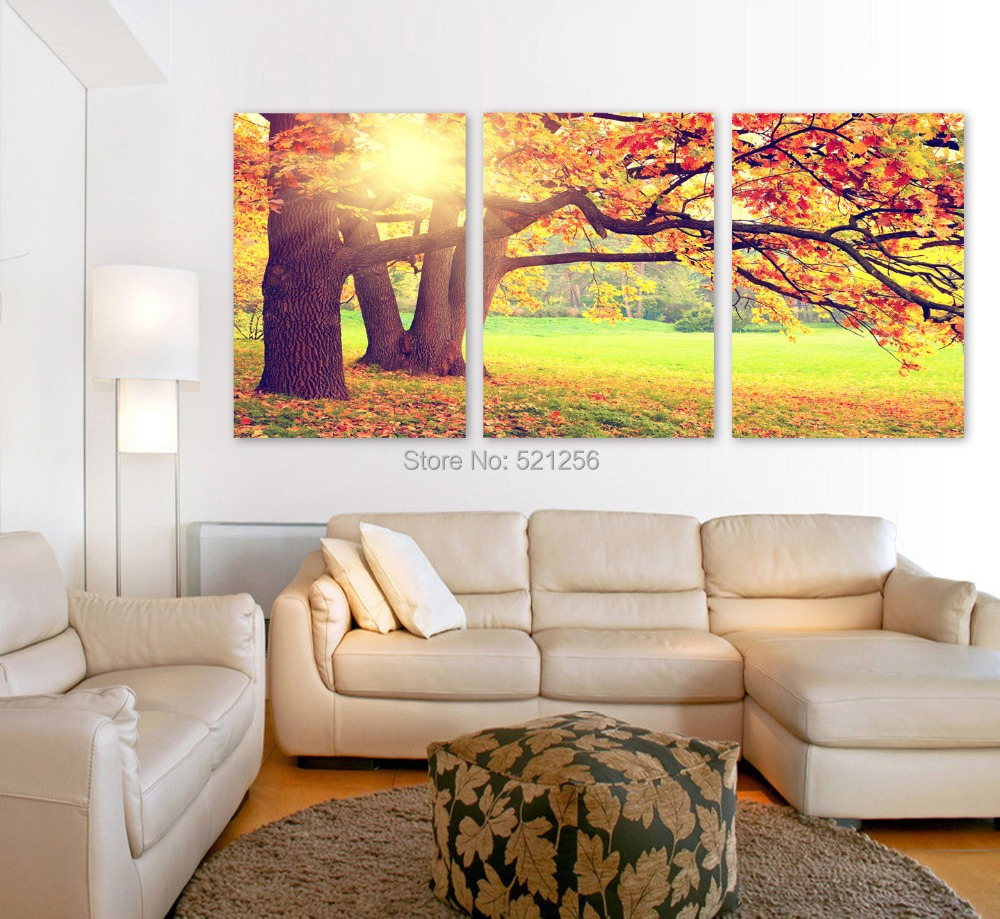 Modern Wall Art Home Decoration Printed Oil Painting Pictures No Frame Canvas Prints 3 Piece Autumn Big Tree Scenery