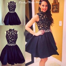 Robe De Cocktail Sexy Black Cocktail Gowns With Appliques Beaded Short High Neck Open Back Women Prom Party Dresses Vestidos
