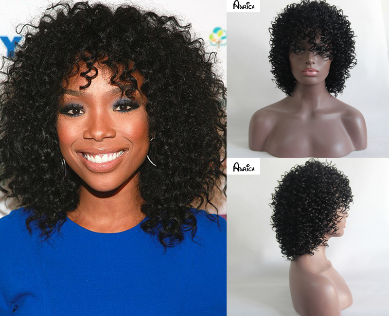 Image of Fashion Natural Black Tight Kinky Curly Short Heat Kanekalon Resistant Synthetic Hair Women Wigs With Bangs(Dark Brown/Blonde)