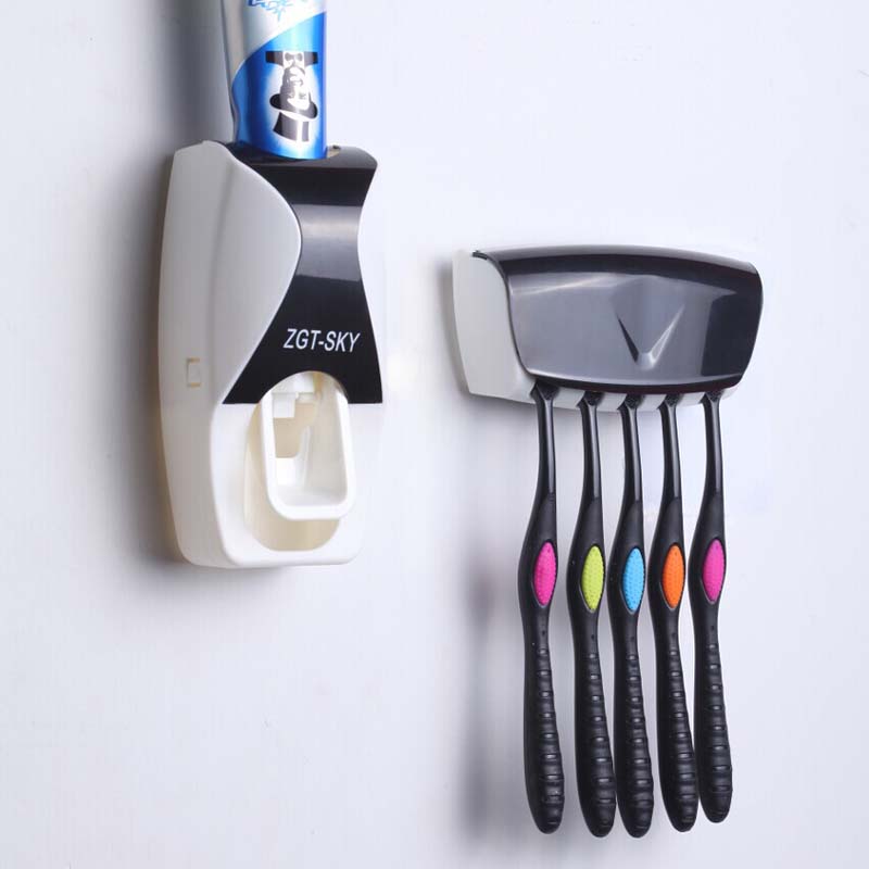 Image of Fashion Home Bathroom Automatic Toothpaste Dispenser + 5pcs Toothbrush Holder Set Family Set Wall Mount Rack Bath Oral