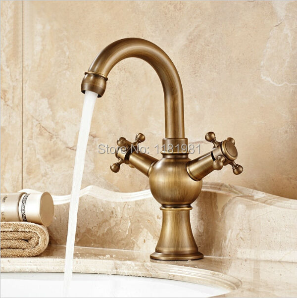 Dual Handle Ceramic Plate Spool Antique Brass Kitchen Basin Sink Faucet Crane Mixer Tap 1010