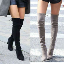 Women Stretch Suede Thigh High Boots Sexy Fashion Over the Knee Boots High Heels Woman Shoes Black Gray Red Brown Blue