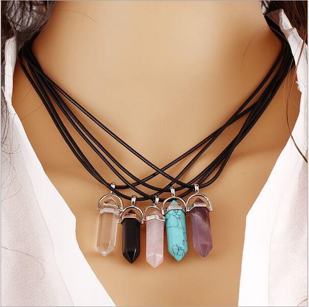 Image of Fashion Jewelry Hexagonal Column Necklace Natural Quartz turquoise Agate Amethyst Stone Pendant Necklace Valentine's Day Gifts