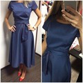 2016 Elegent Women Autumn Short Sleeve Dot Bule Long Evening Party Prom Maxi Belt Dress Sashes