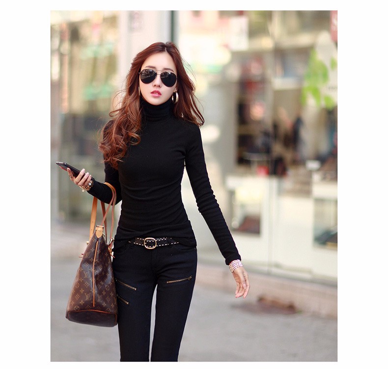 Spring Autumn Winter Fashion Turtleneck Tops Long Sleeve Cotton T Shirt Slim Casual t-shirt women 2016 Basic Tees Shirts A550 a