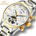 Luxury Brand kinyued Skeleton Watch Men Mechanical Automatic Calendar Watches Stainless Steel Strap Tourbillon Gold Wristwatches