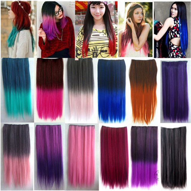 24" Clip In Gradient Hair Extensions Synthetic Ladies Multi Color