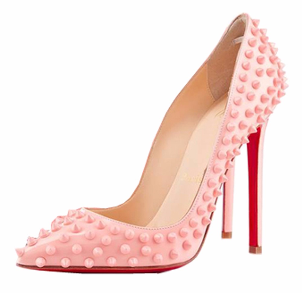 Фотография High quality Designer shoes woman Fashion all Rivets high heels Sexy red bottom pointed toe punk pumps