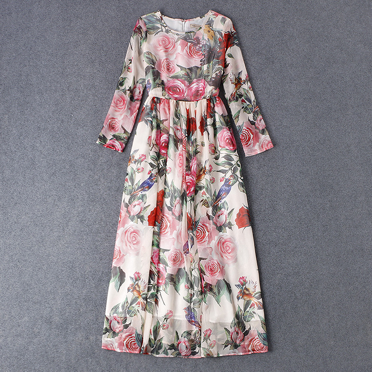 Stunning New arrival 2016 spring summer brand women long chiffon print dress rose floral patterns vintage fashion maxi dresses