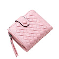 Women Short Tri fold Wallet Chic Knitting Small Billfold Korean Style Fashion Woven Pattern Buckle Prss