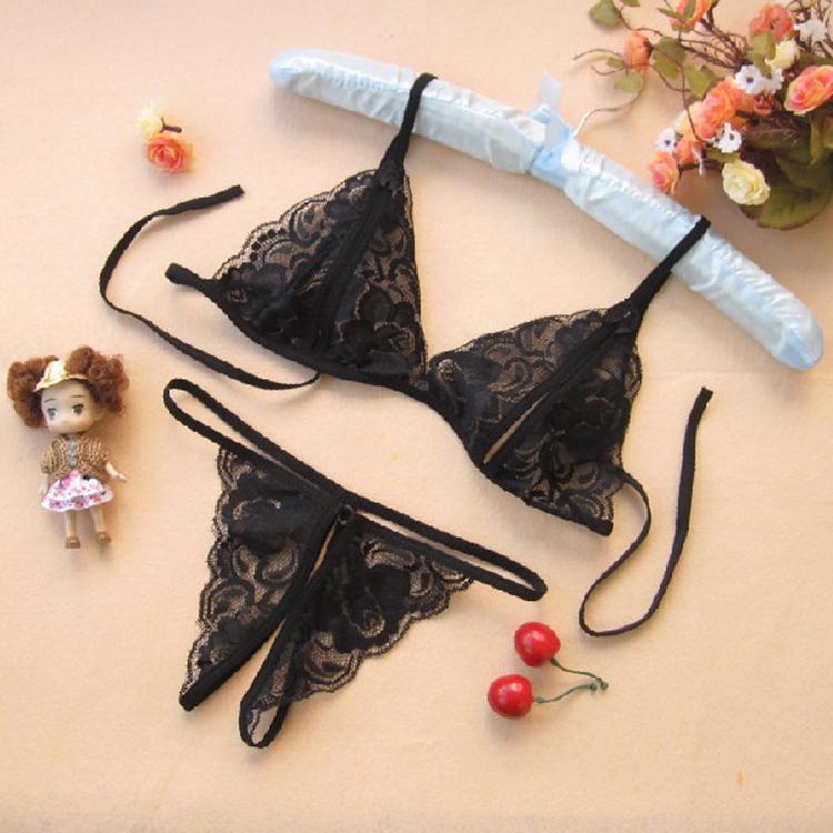 Image of Sexy Lingerie Hot Lace Transparent Gauze Sex Products Temptation Open Chest Bra Three-point Sexy Underwear Sets WF-9392