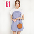 SSS Preppy Style 2016 Women Pure Cotton Splicing Striped Dresses OL Female Short Sleeves Loose Vacation